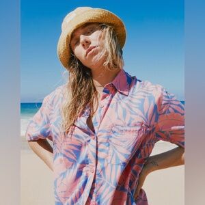 Billabong Mystic Beach Button Down Shirt “Pink Sunset” Small Cotton Flax / Linen